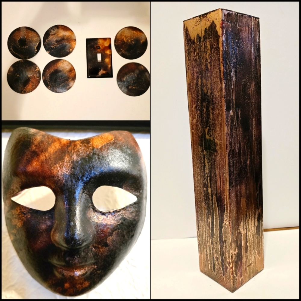 HANCRAFTED Upcycled Home Decor Set HANDPAINTED Vase Mask Coaster & Light Switch